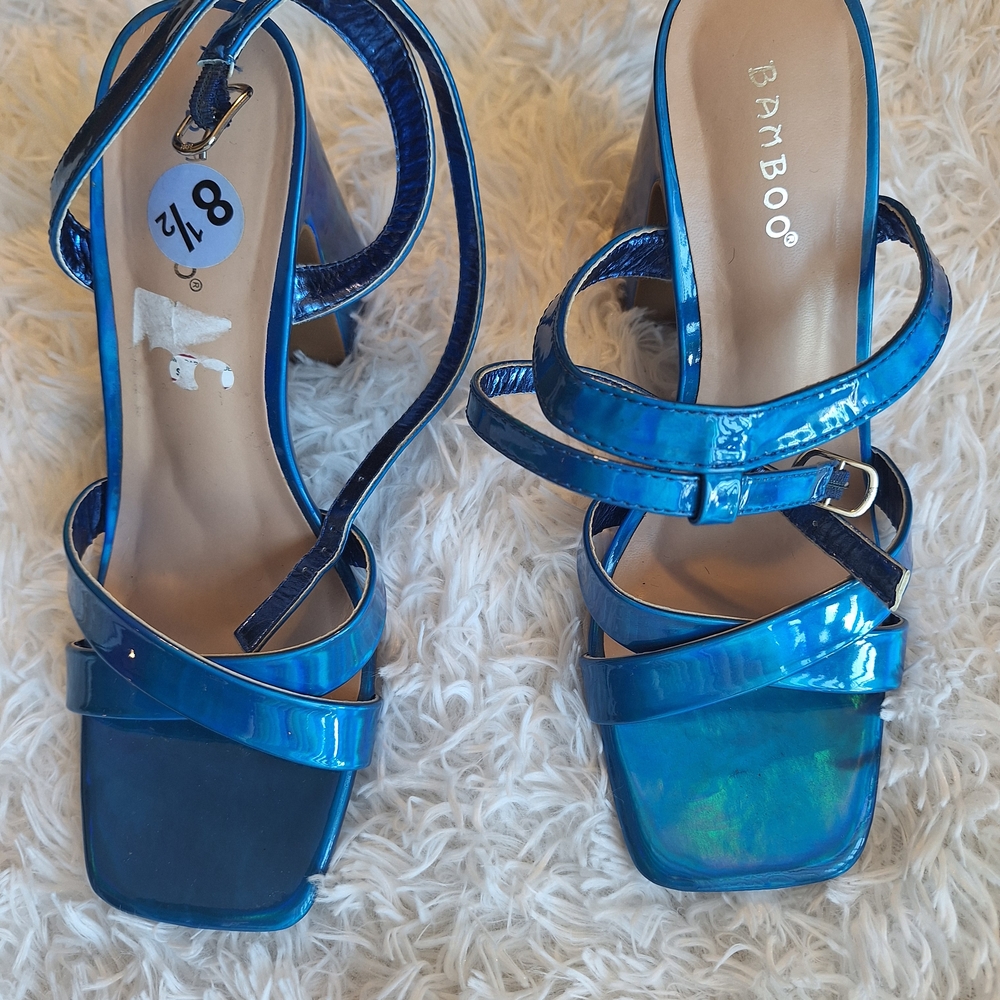 BAMBOO Blue Strappy Heels with Modern Design